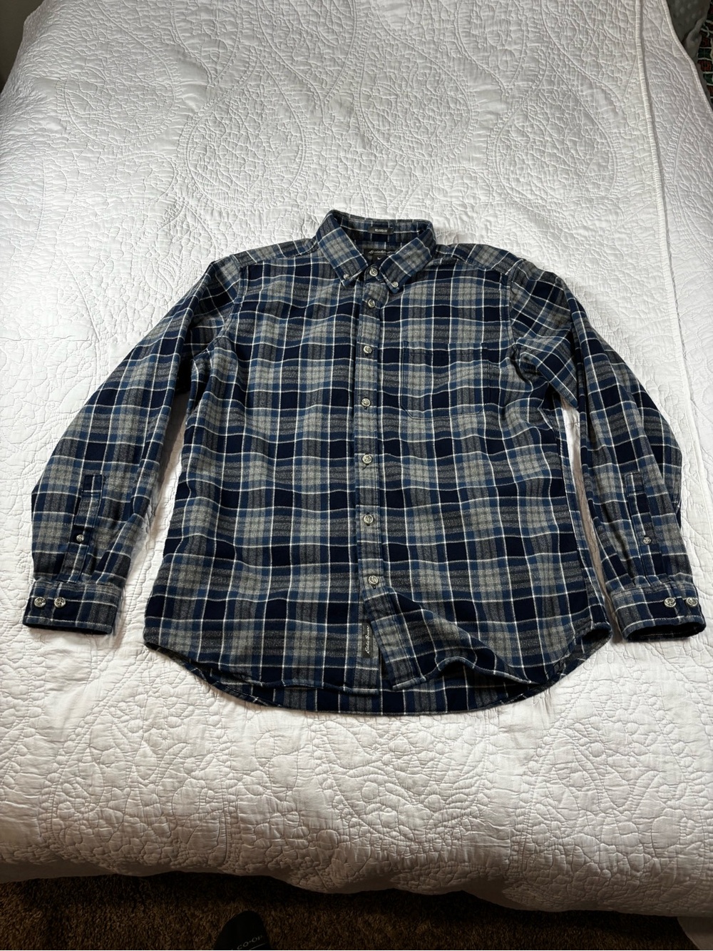 Eddie Bauer Navy and White Plaid Button-Down Shirt